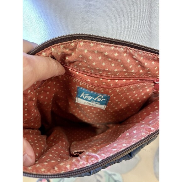 Fossil Key Per Fabric Quilted Crossbody Brown Slingbag Purse W/ Lock & Key Charm - Picture 4 of 8